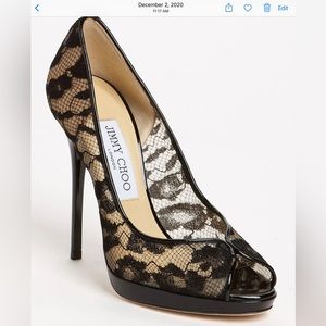 JIMMY CHOO Black Lace Peep-Toe Pump